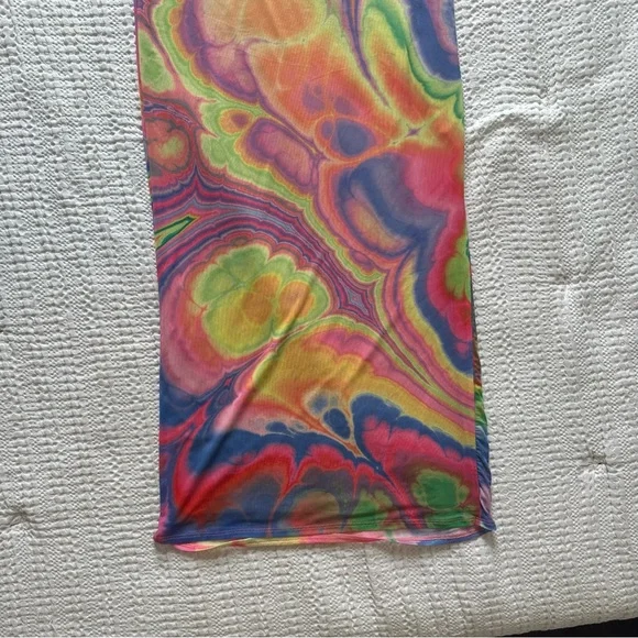 AFRM Tie-Dye Pink and Yellow Abstract Bodycon Halter Tessa Mesh Midi Dress Small - Picture 7 of 13